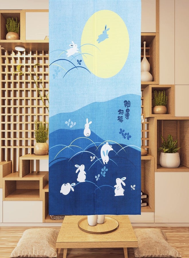 Moslovstar Japanese Noren Door Curtain Bunnies Frolicking Under Moon Printing Doorway Curtain Home Privacy Partition Decor, 33.5 Inch by 59.1 Inch, Blue - Image 1